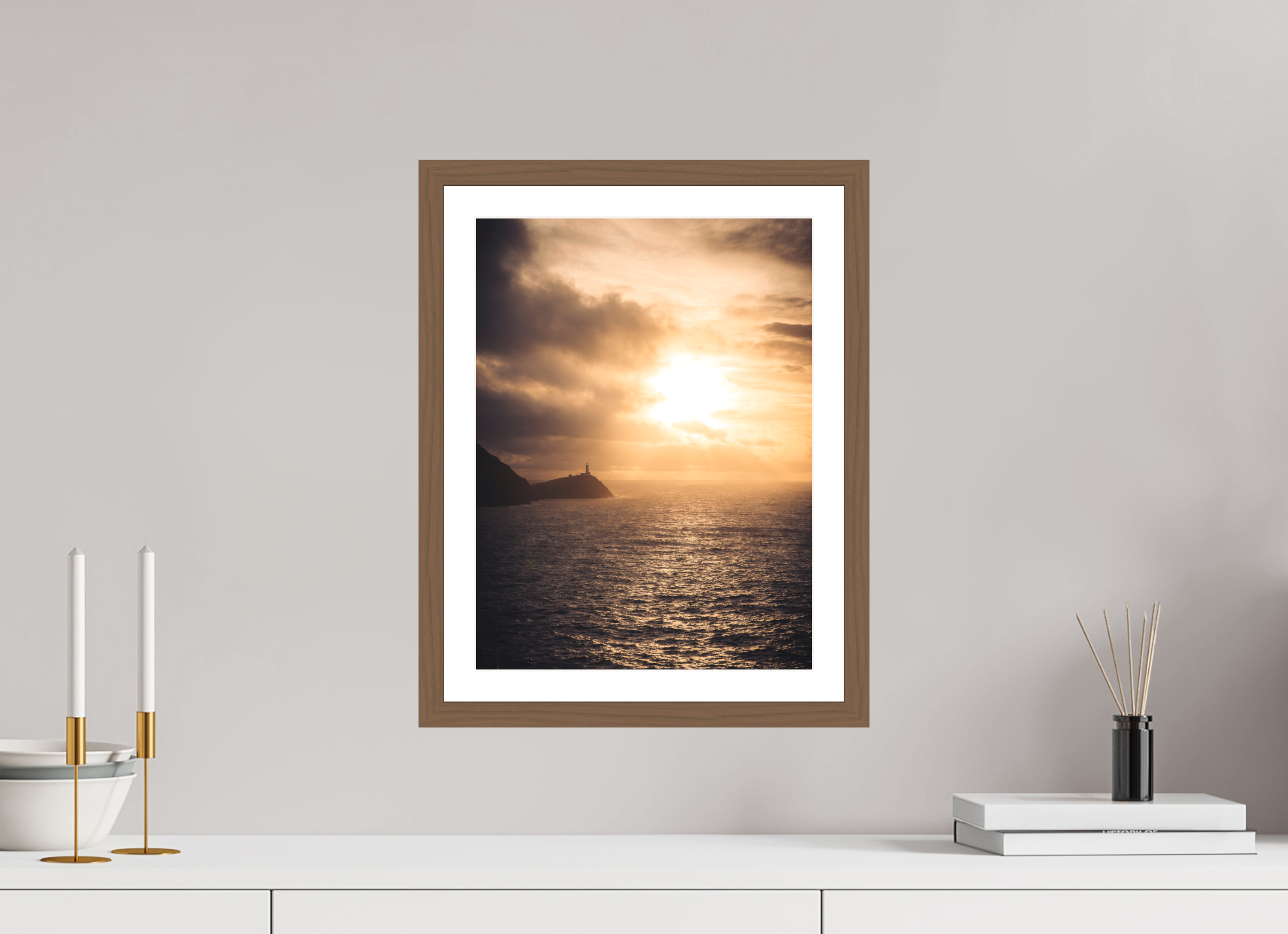 30 x 40 cm, Walnut Frame South Stack at Sunset