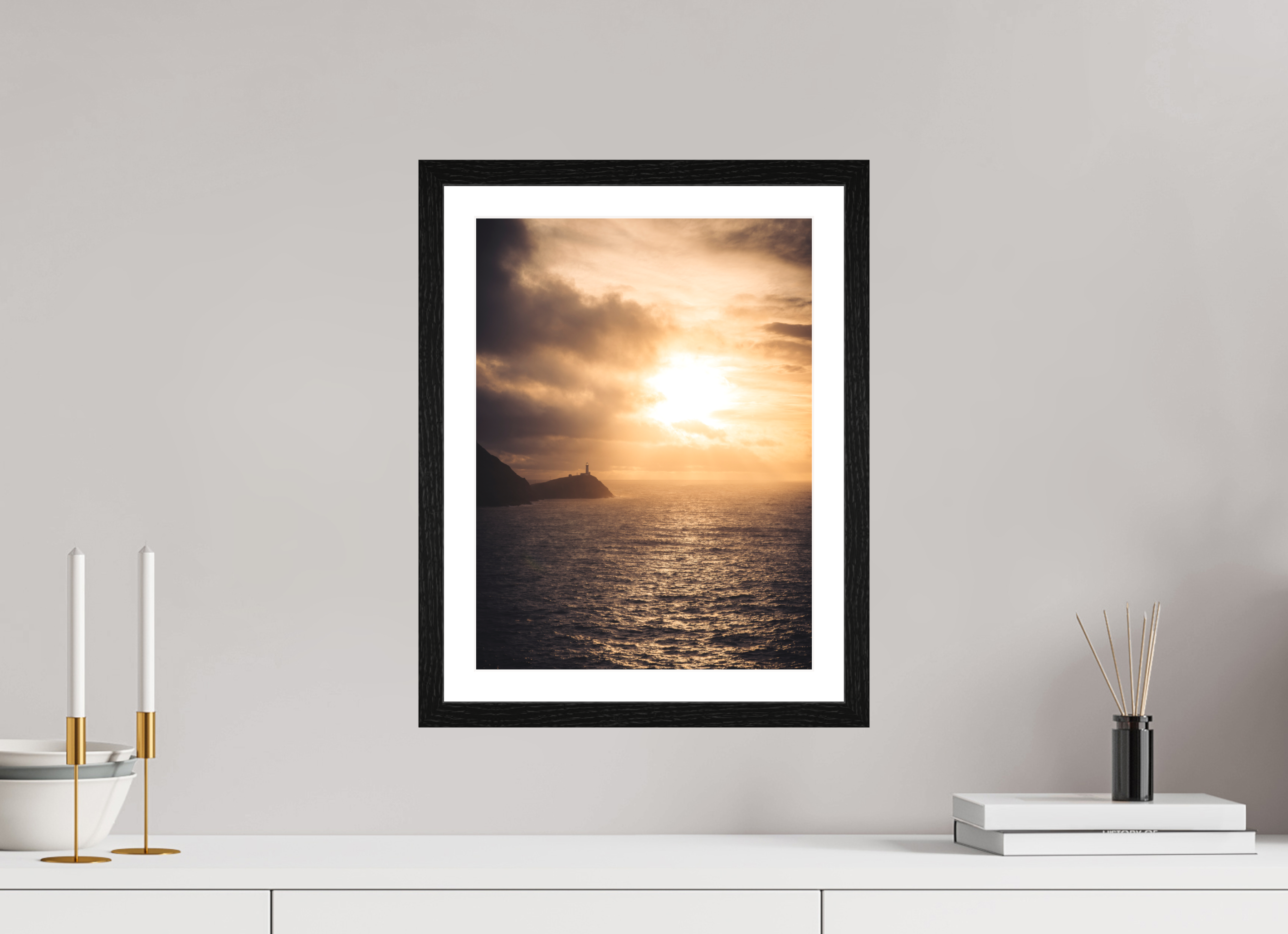 30 x 40 cm, Black Oak Frame South Stack at Sunset